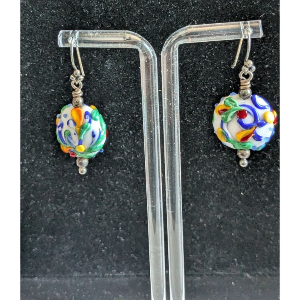 Hand Blown Glass Bead Earrings Colorful Swirls Sterling Silver Hooks - Picture 9 of 13